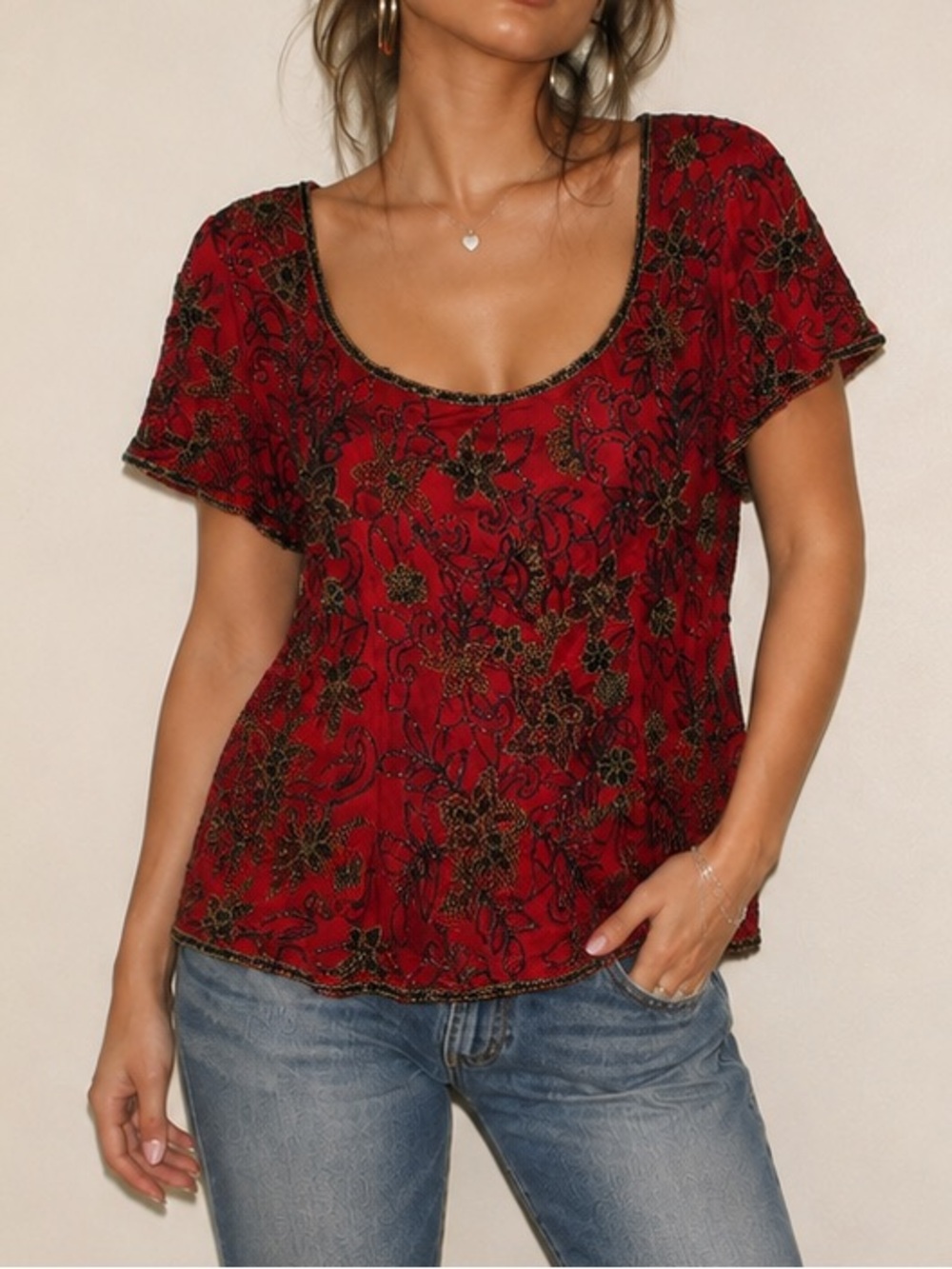 NWT Papell Boutique Evening Beaded Silk Top XL Red Y2K Formal Nordstrom